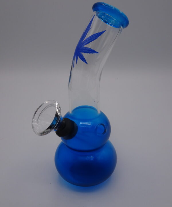 Glass Bong Small Curved Blue Weed Leaf